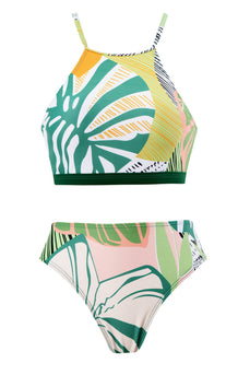 Todelt grønt trykt bikinisæt med strandnederdel