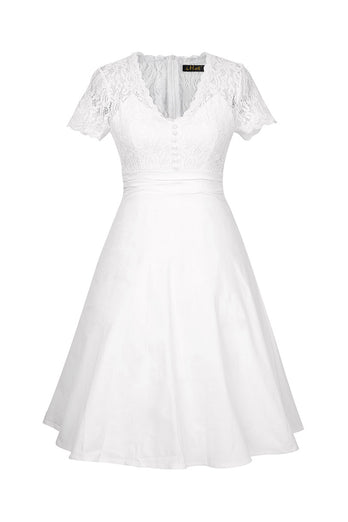 Hvid solid V-hals 1950'erne Kjole med blonder
