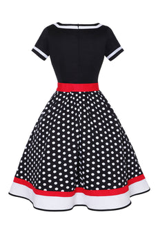 Sort Polka Dots med V-hals Kjole fra 1950'erne