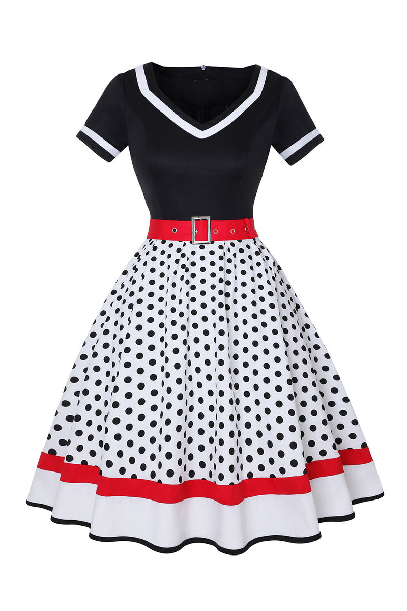 Indlæs billede til gallerivisning Sort Polka Dots med V-hals Kjole fra 1950&#39;erne