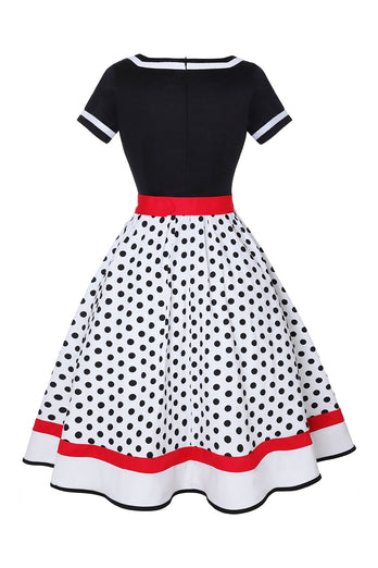 Sort Polka Dots med V-hals Kjole fra 1950'erne