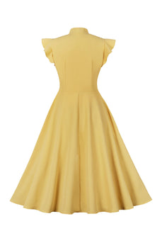 Gul solid swing 1950'er kjole med sløjfe
