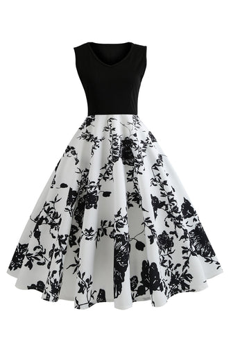 Sort og hvid blomstret vintage 1950'erne kjole