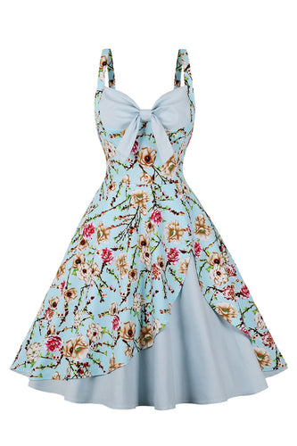 Blå blomst Spaghetti stropper 1950'erne kjole med sløjfe