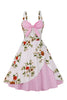 Indlæs billede til gallerivisning Blå blomst Spaghetti stropper 1950&#39;erne kjole med sløjfe