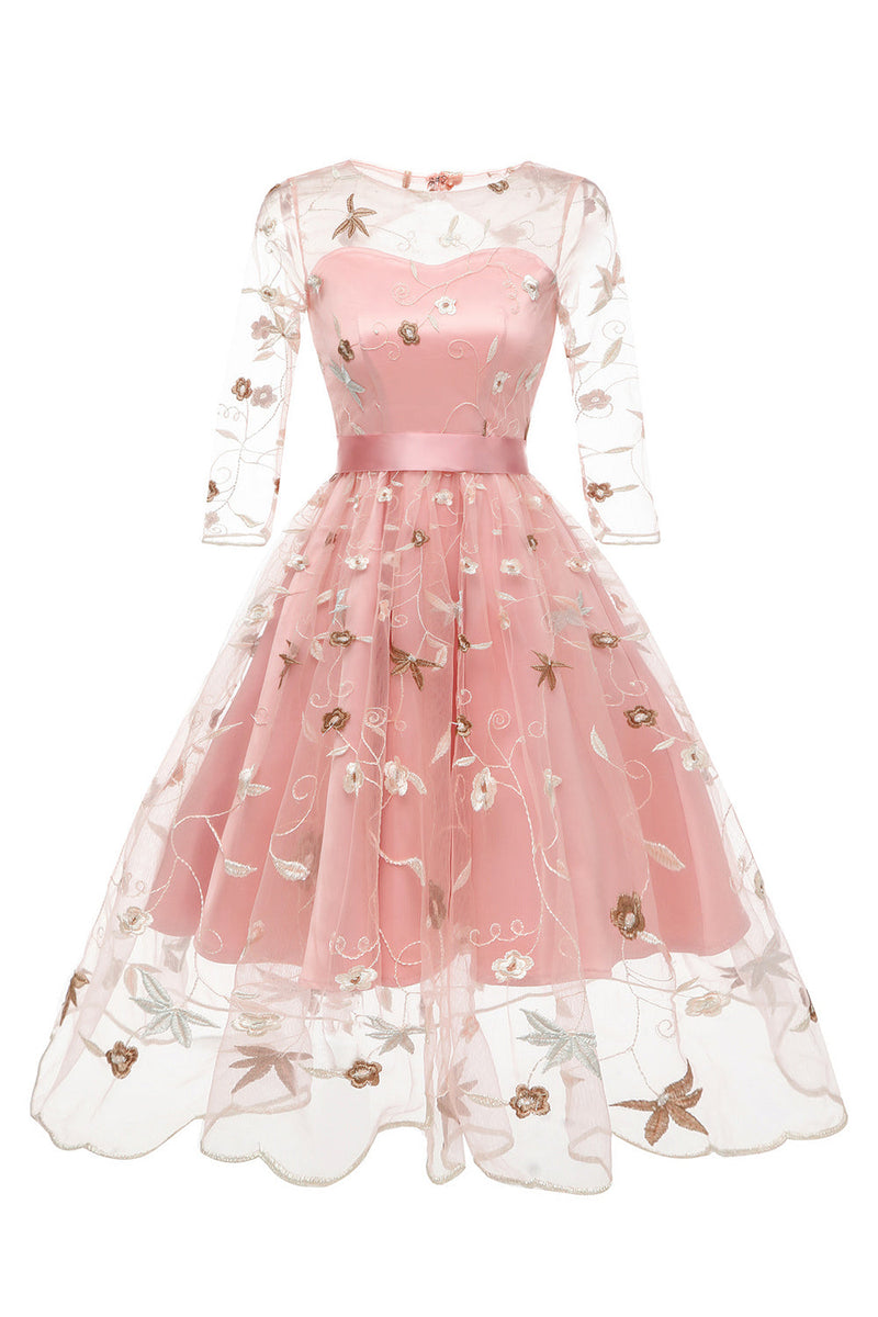 Indlæs billede til gallerivisning En linje firkantet hals pink 1950&#39;er kjole med halve ærmer