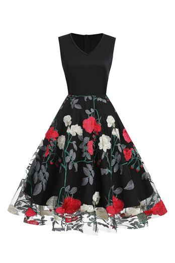 Fuchsia og sort vintage kjole fra 1950'erne