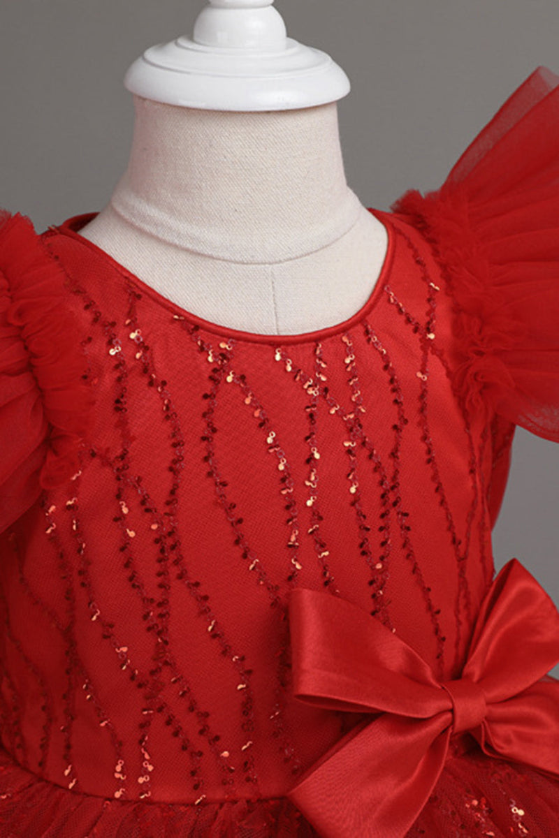 Indlæs billede til gallerivisning En rød pigekjole med juvelhals og bueknude
