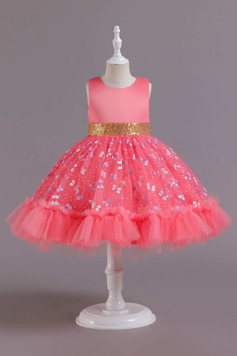 En Line Jewel Neck Pink Girl Party Dress med applikationer