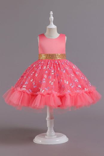 En Line Jewel Neck Pink Girl Party Dress med applikationer
