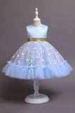 En Line Jewel Neck Pink Girl Party Dress med applikationer