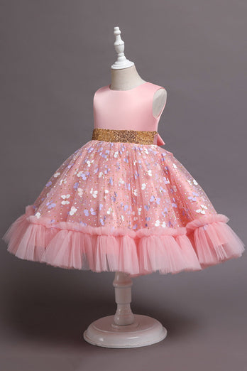 En Line Jewel Neck Pink Girl Party Dress med applikationer