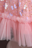 En Line Jewel Neck Pink Girl Party Dress med applikationer