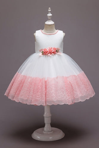 Pink ærmeløs blomstertyl pigers kjole med sløjfe