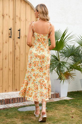 Gul blomstertrykt sommer afslappet kjole med flæser