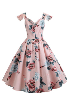 Pink blomsterprint swing 1950'erne kjole