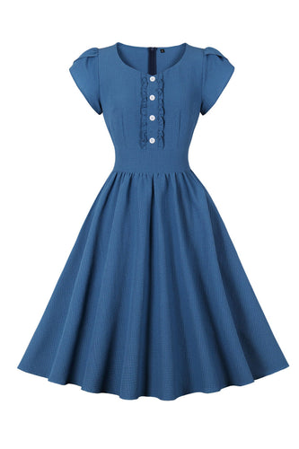 Blue Plaid Swing 1950'er kjole med flæser