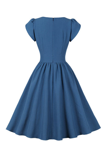Blue Plaid Swing 1950'er kjole med flæser