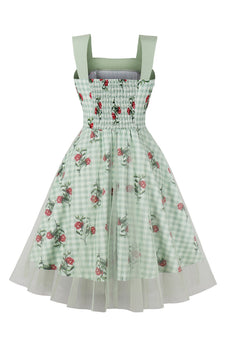 Green Plaid Swing 1950'erne kjole med blomsterprint