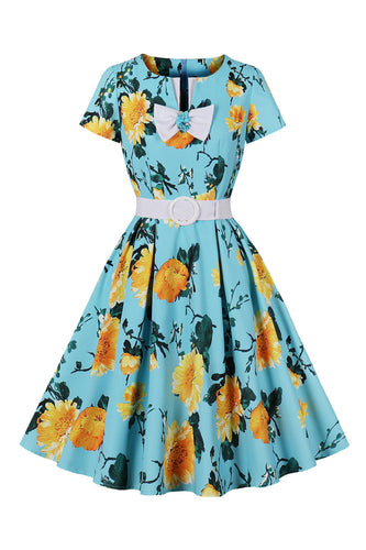 Blå blomsterprint korte ærmer vintage kjole
