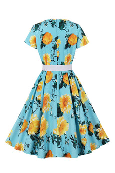 Blå blomsterprint korte ærmer vintage kjole