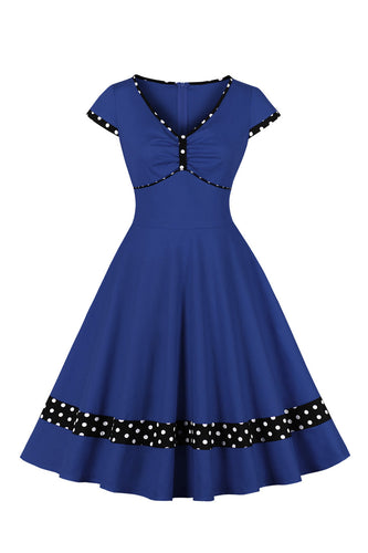 Mørkeblå V-hals Polka Dots Swing 1950'erne Kjole