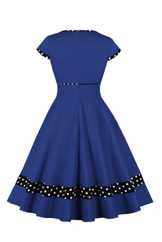 Mørkeblå V-hals Polka Dots Swing 1950'erne Kjole