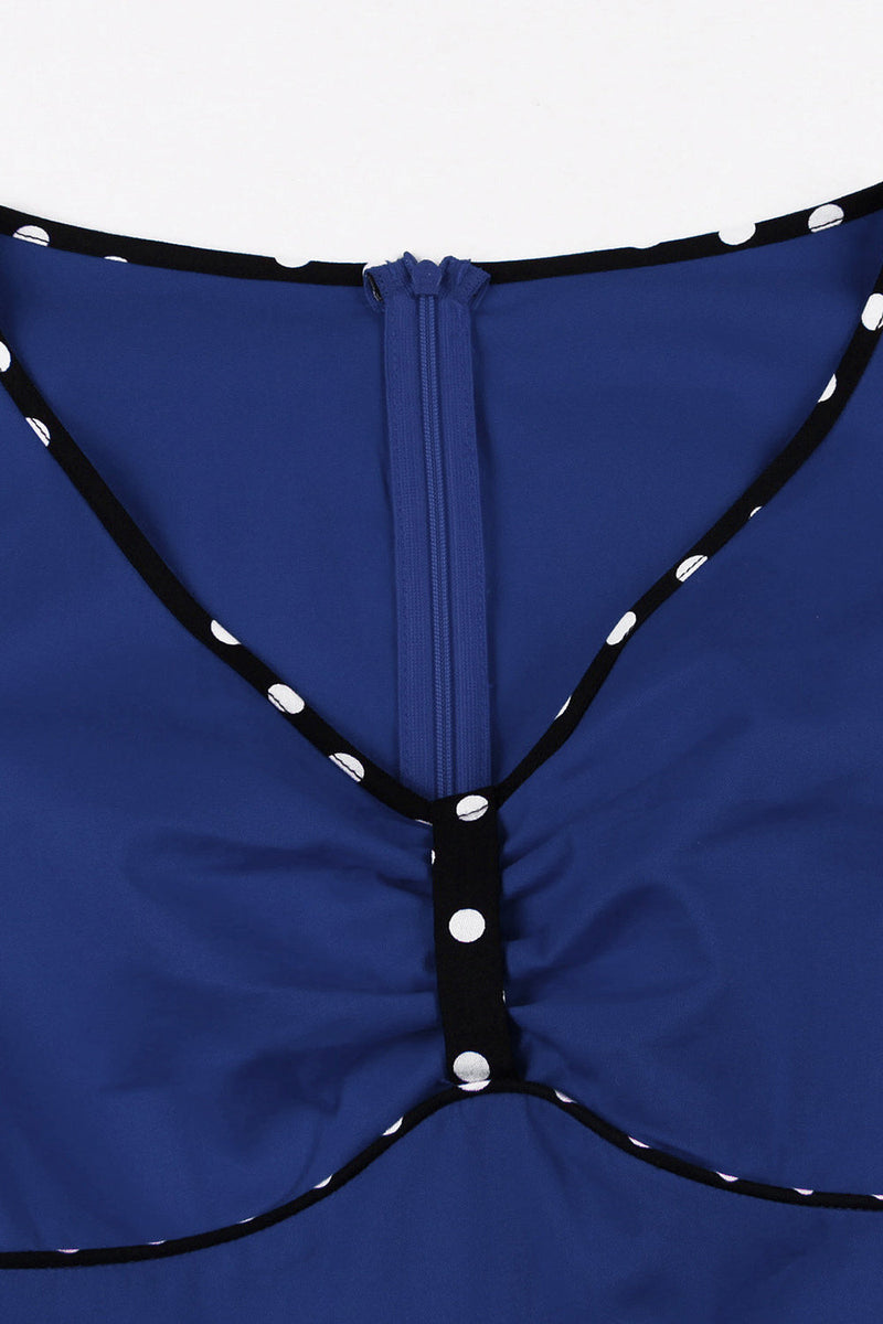 Indlæs billede til gallerivisning Mørkeblå V-hals Polka Dots Swing 1950&#39;erne Kjole