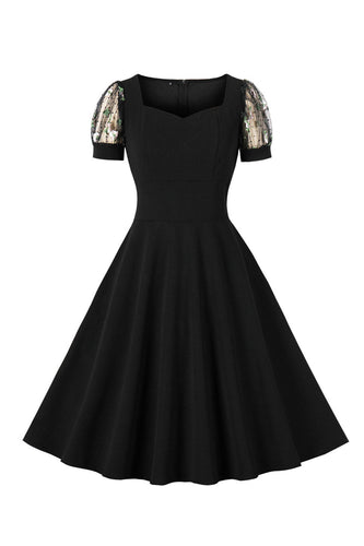 Sort swing 1950'er kjole med korte ærmer