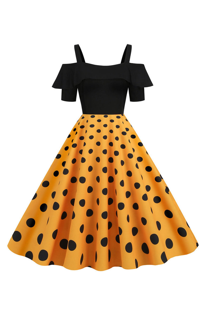 Indlæs billede til gallerivisning Sort kold skulder polka prikker 1950&#39;erne kjole