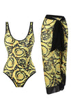 One Piece Green Printed High Waist Swimwear med Beach Skirt