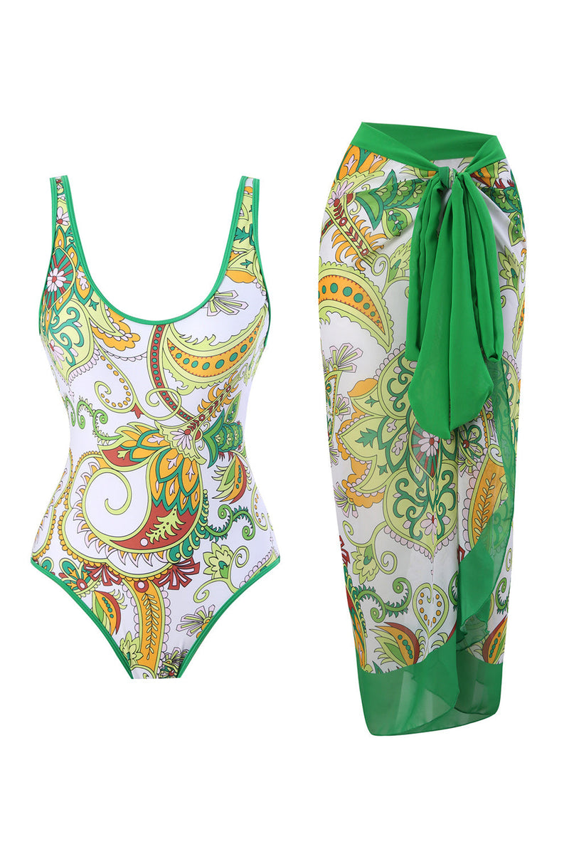 Indlæs billede til gallerivisning One Piece Green Printed High Waist Swimwear med Beach Skirt