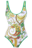 One Piece Green Printed High Waist Swimwear med Beach Skirt