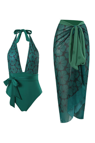 Halter hals grøn badetøj i ét stykke med strandnederdel