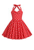Indlæs billede til gallerivisning Halter Red Vintage Polka Dot 50&#39;er pigekjole med sløjfe