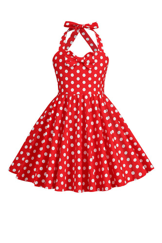 Halter Red Vintage Polka Dot 50'er pigekjole med sløjfe