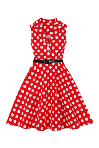 V-hals rød vintage polka dot 50'er piger kjole med bælte