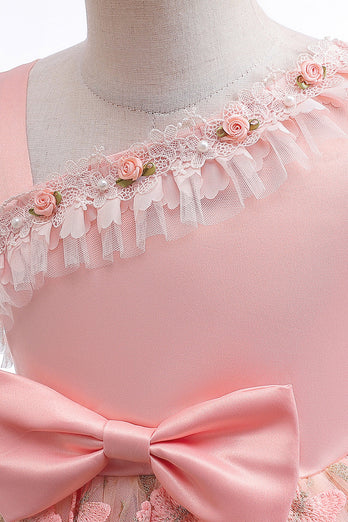 En linje pink sløjfe piger kjole med applikationer