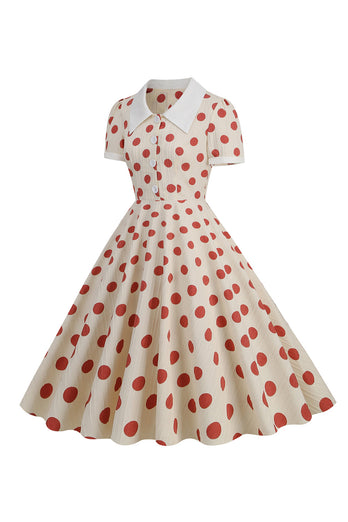 Røde prikker vintage kjole med korte ærmer