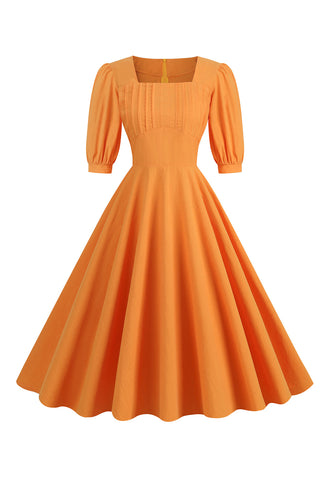 Orange halværmer firkantet hals 1950'erne kjole