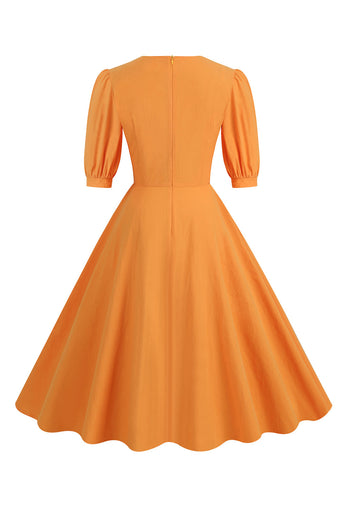 Orange halværmer firkantet hals 1950'erne kjole