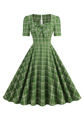 Grøn plaid korte ærmer 1950'erne kjole med bowknot