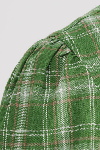 Grøn plaid korte ærmer 1950'erne kjole med bowknot