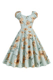 Sort blomsterprint Swing Retro Kjole med korte ærmer