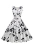 Indlæs billede til gallerivisning Sort V hals print ærmeløs kjole fra 1950&#39;erne
