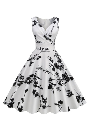 Sort V hals print ærmeløs kjole fra 1950'erne