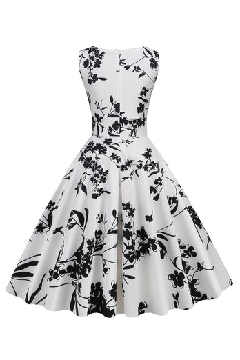 Sort V hals print ærmeløs kjole fra 1950'erne