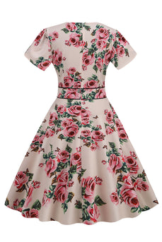 Pink V hals blomsterprint swing vintage kjole