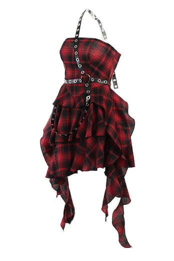 En skulder rød plaid asymmetrisk vintage kjole