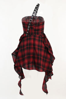 En skulder rød plaid asymmetrisk vintage kjole